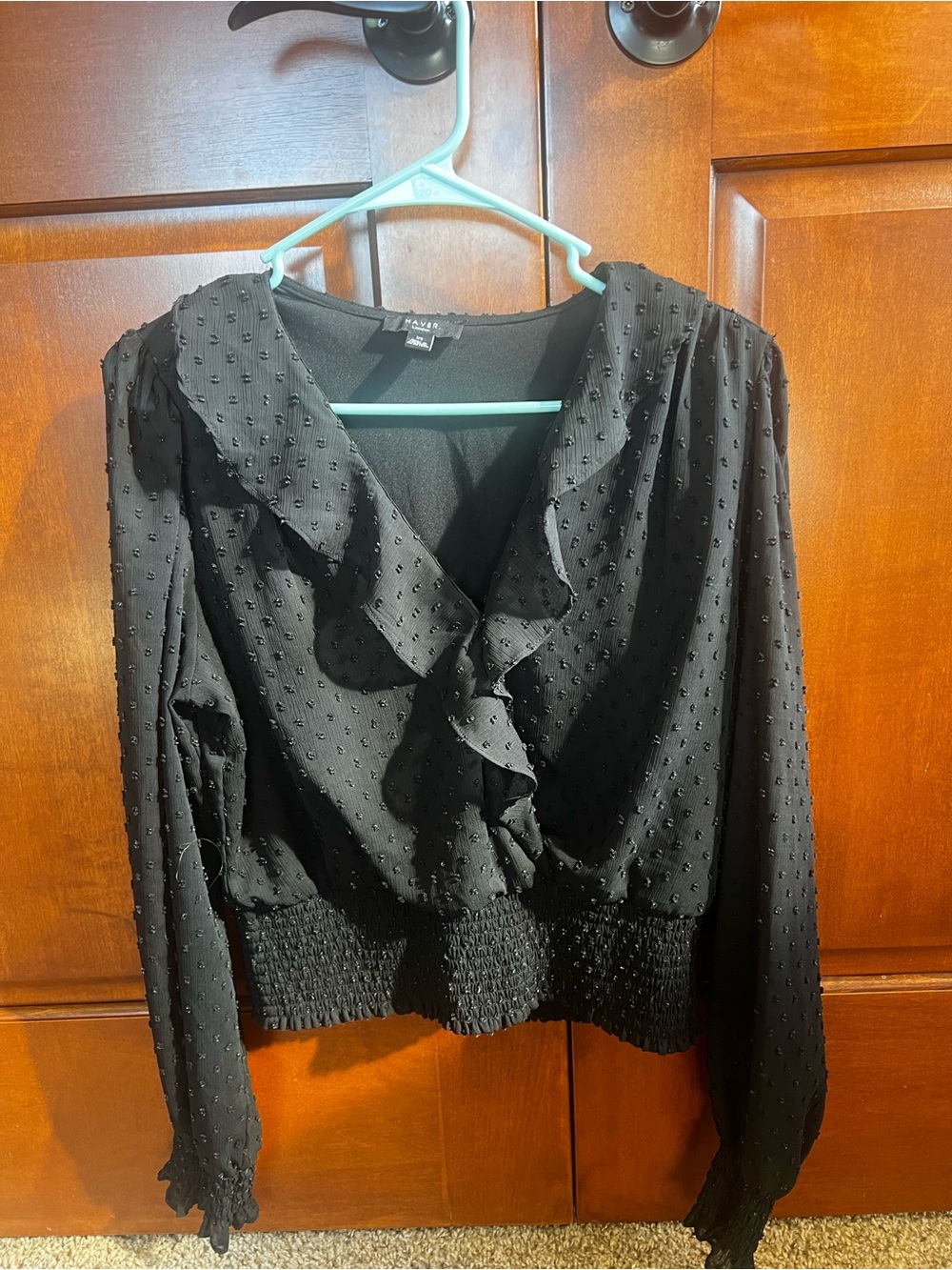 Ruffled Black V-Neck Long Sleeve Blouse